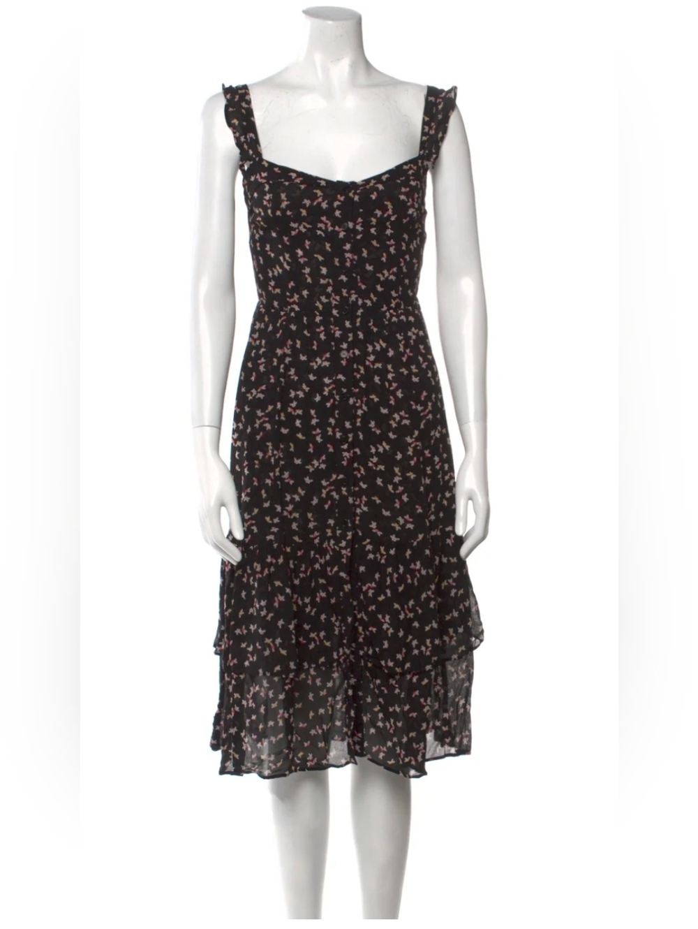 Reformation Black Floral Midi Sundress with Ruffled Hem Size 2